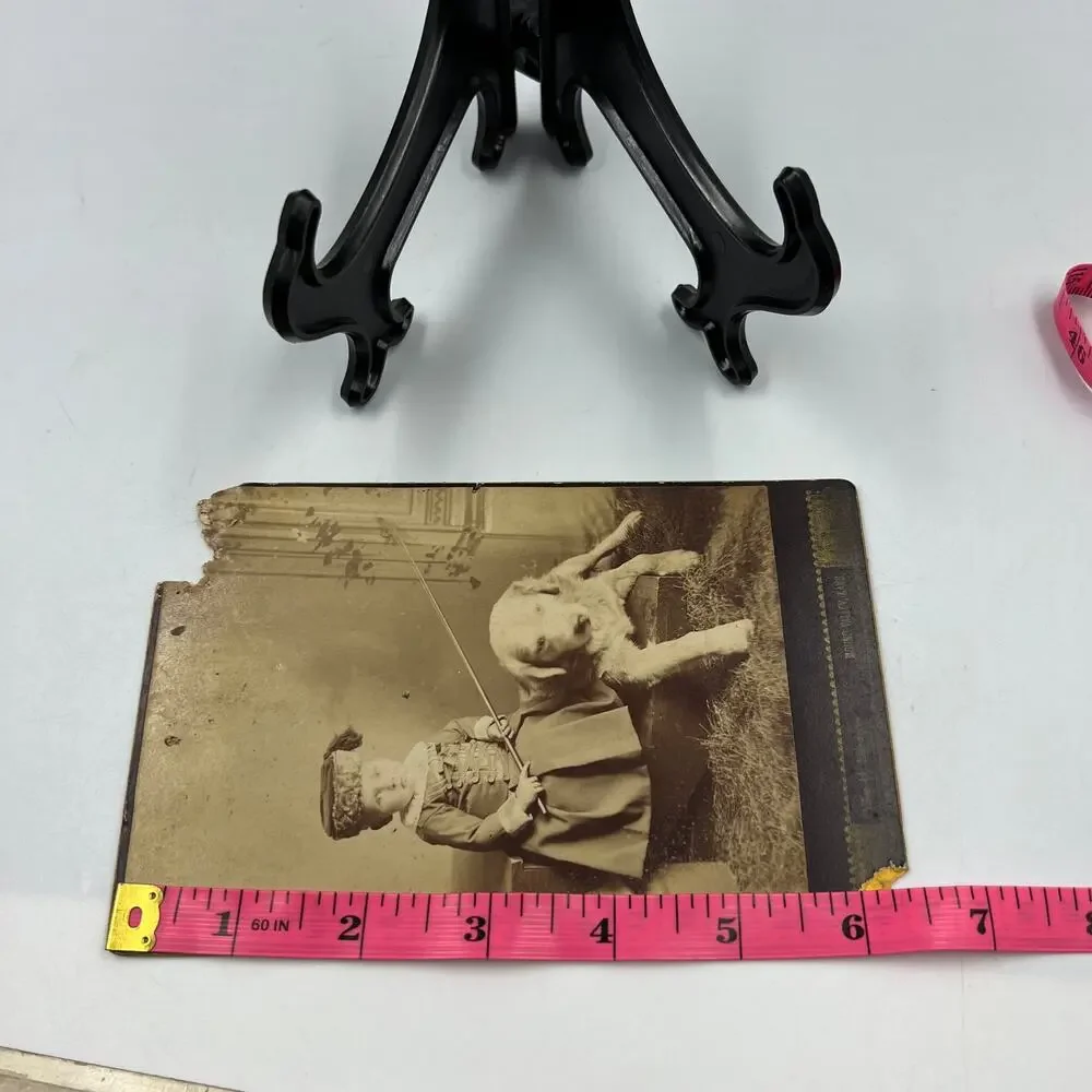 Antique Mounted Card Stock Black White Photo Child Boy Puppy 1800's Photograph
